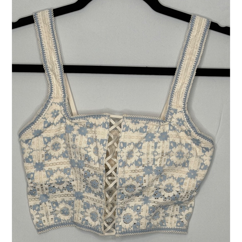 Aerie Real Good Lace Up Crop Top XS Blue White Floral Lace Cottagecore